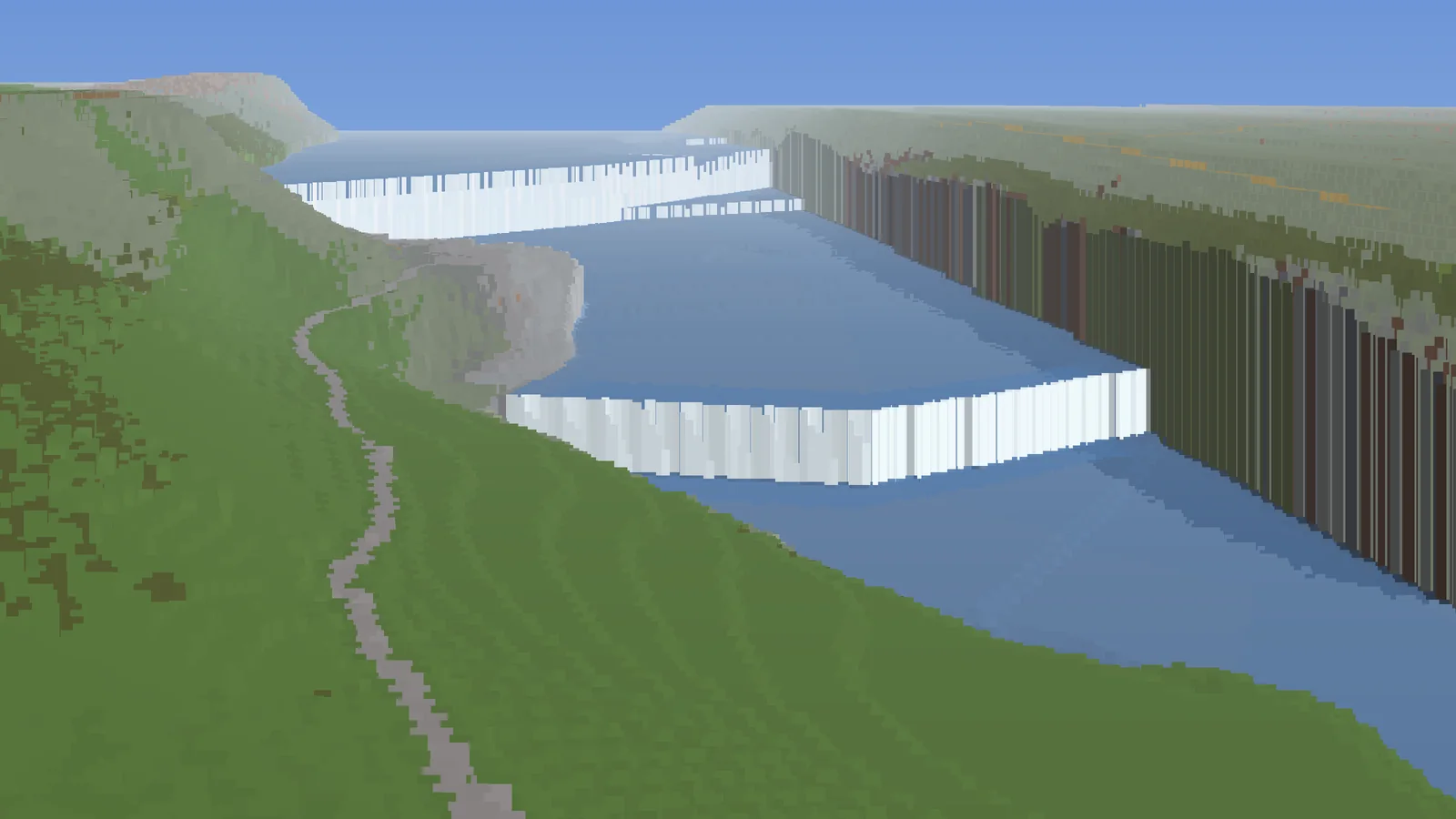 Gullfoss in the Minecraft world, seen from the viewing platform